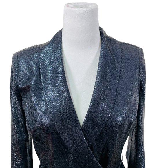 Adrianna Papell Women's Indigo Blue Metallic Wrap Top Size 4 Tie 3/4 Sleeve $139 - Picture 4 of 10